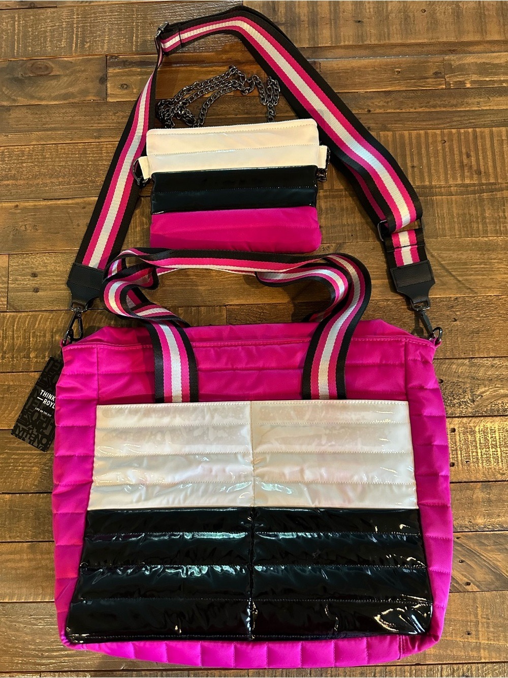 Think Rolyn Quilted Colorblock Tote & Crossbody Set Pink, White & Black NWT